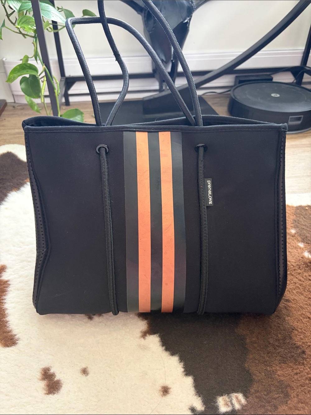 Black Neoprene Tote with Rose Gold Stripes
